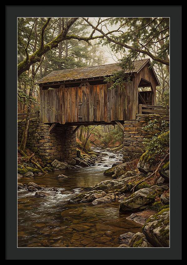 Old Covered Bridge Over Rocky Stream