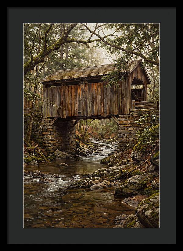 Old Covered Bridge Over Rocky Stream