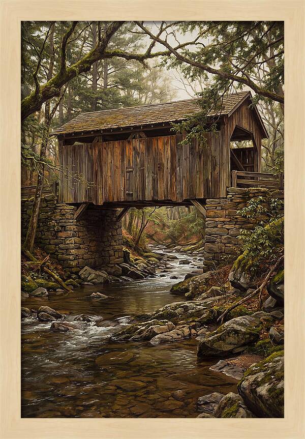 Old Covered Bridge Over Rocky Stream