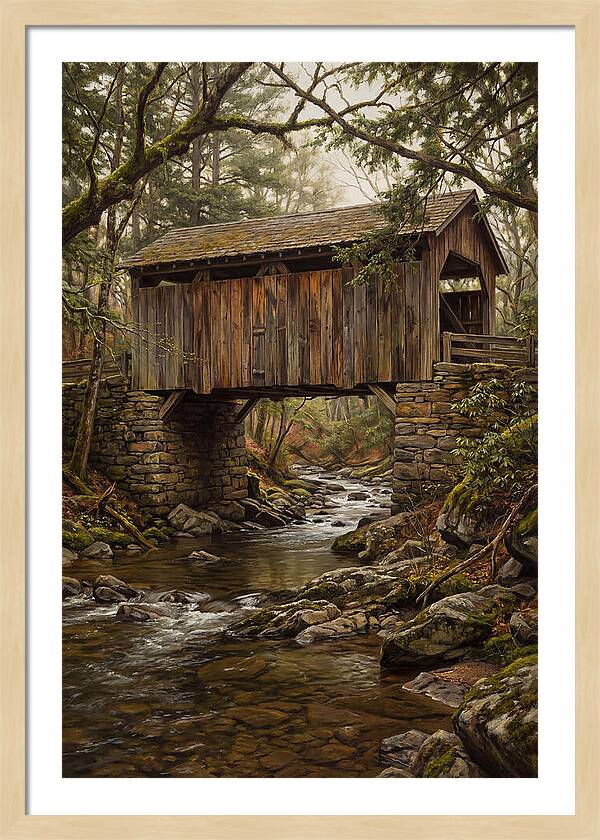 Old Covered Bridge Over Rocky Stream