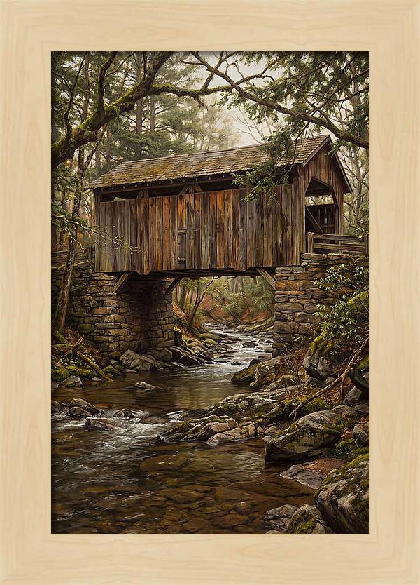 Old Covered Bridge Over Rocky Stream