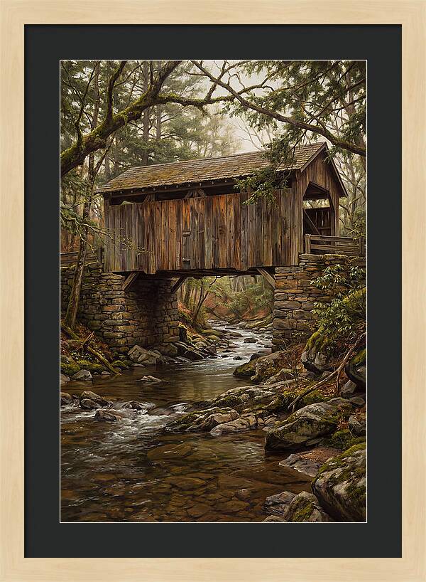 Old Covered Bridge Over Rocky Stream