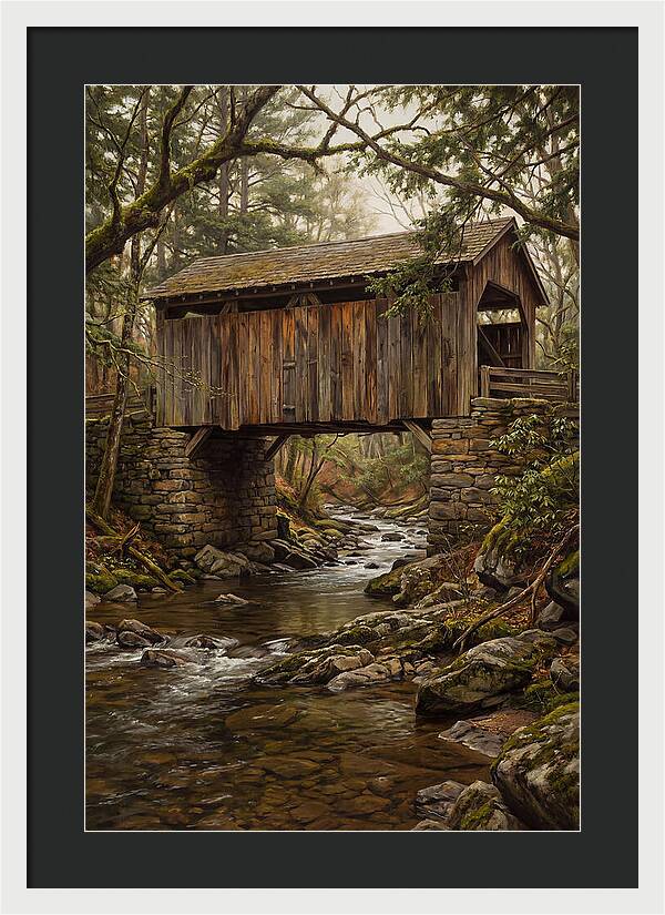 Old Covered Bridge Over Rocky Stream