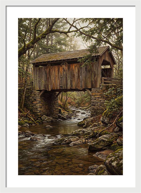 Old Covered Bridge Over Rocky Stream