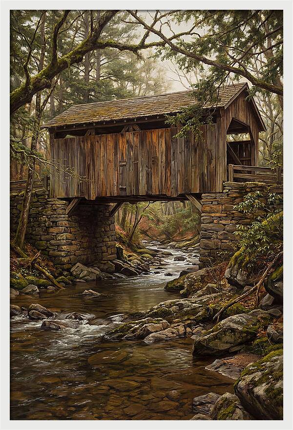Old Covered Bridge Over Rocky Stream