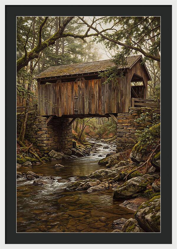 Old Covered Bridge Over Rocky Stream