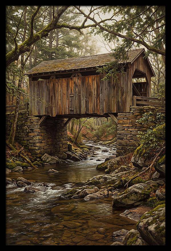 Old Covered Bridge Over Rocky Stream