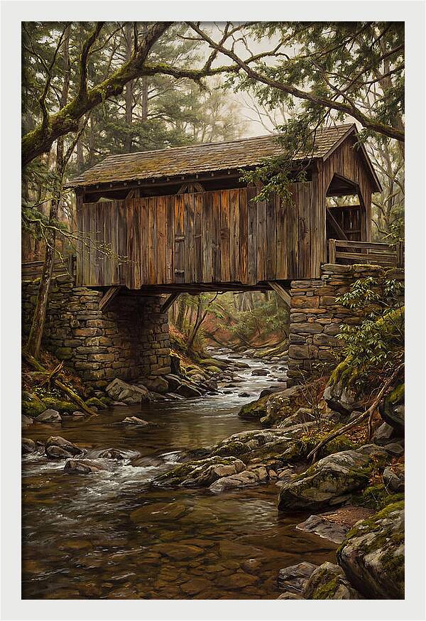 Old Covered Bridge Over Rocky Stream