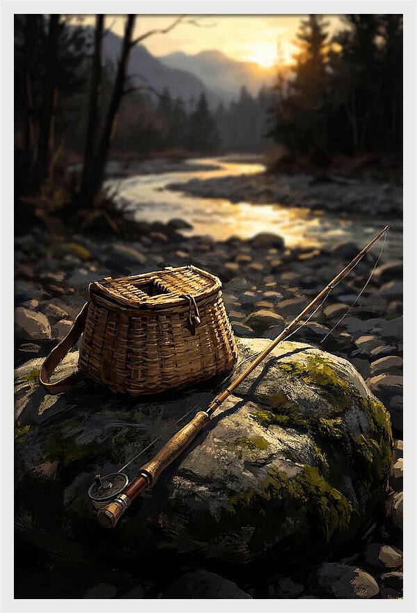 Old Fishing Creel And Fly Rod