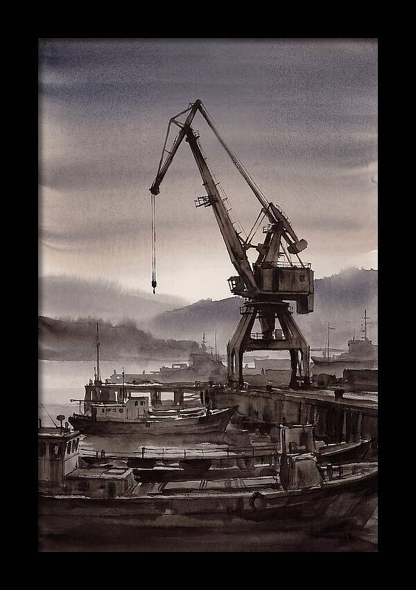 Old Harbor Crane Silhouetted Against Sun