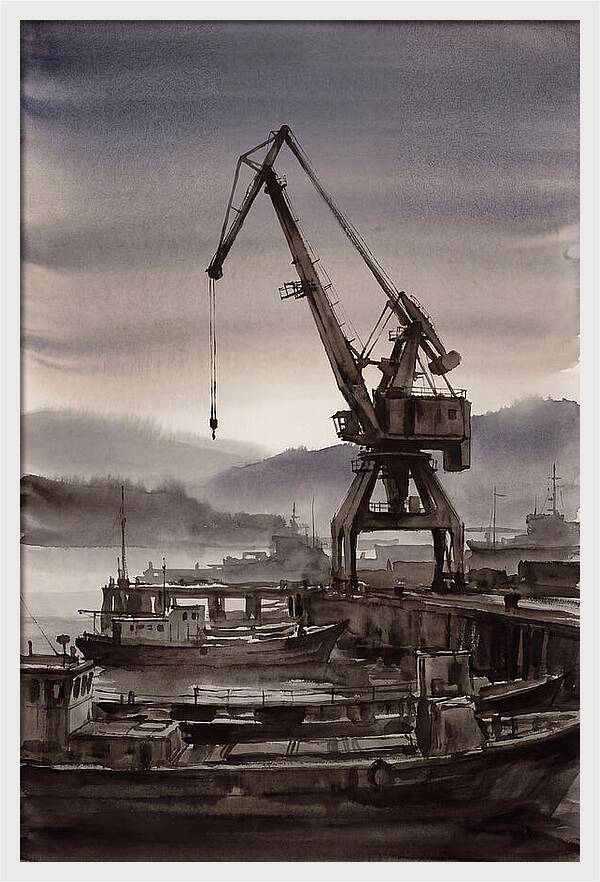 Old Harbor Crane Silhouetted Against Sun