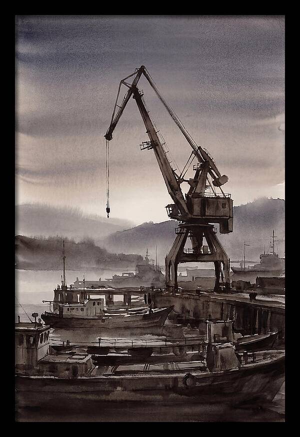 Old Harbor Crane Silhouetted Against Sun