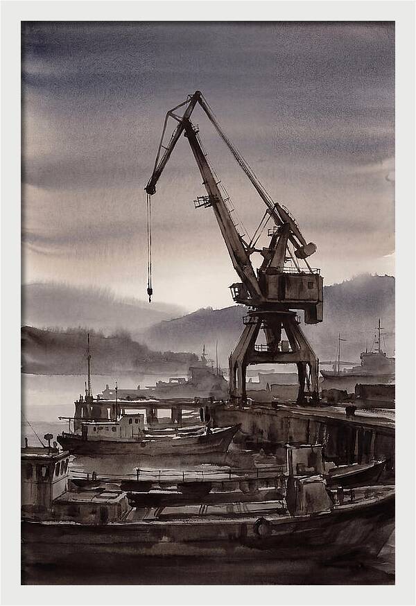 Old Harbor Crane Silhouetted Against Sun