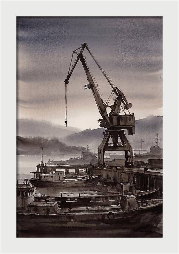 Old Harbor Crane Silhouetted Against Sun