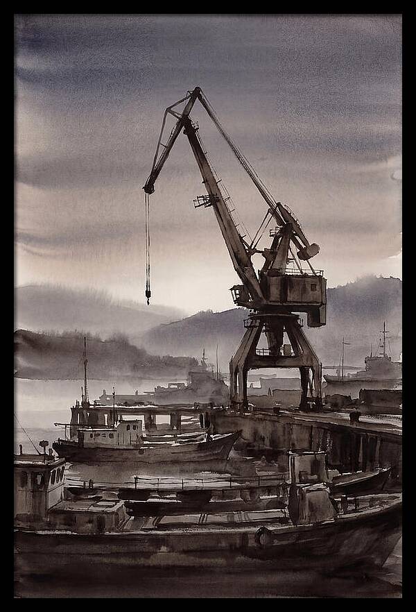 Old Harbor Crane Silhouetted Against Sun