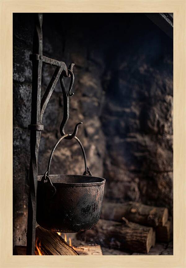 Old Iron Cauldron Hanging In Kitchen