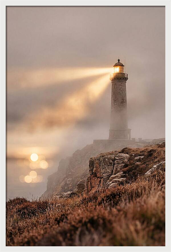 Old Lighthouse Beam Cutting Through Fog