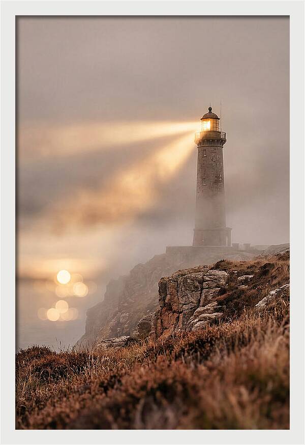 Old Lighthouse Beam Cutting Through Fog