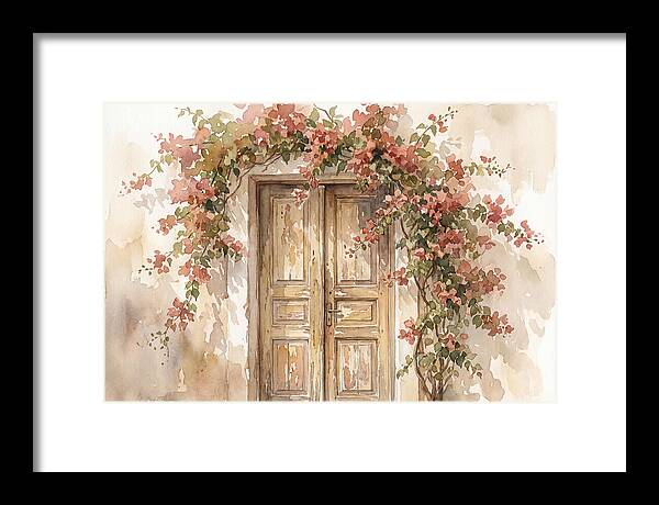 Old Wooden Door With Bougainvillea