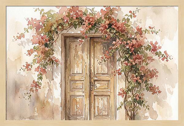 Old Wooden Door With Bougainvillea