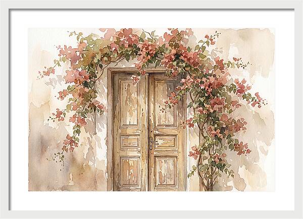 Old Wooden Door With Bougainvillea