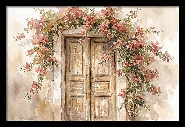 Old Wooden Door With Bougainvillea
