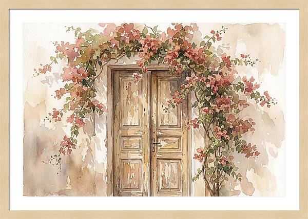 Old Wooden Door With Bougainvillea