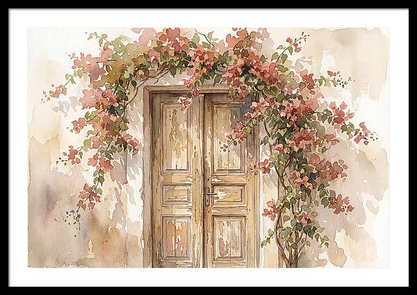 Old Wooden Door With Bougainvillea