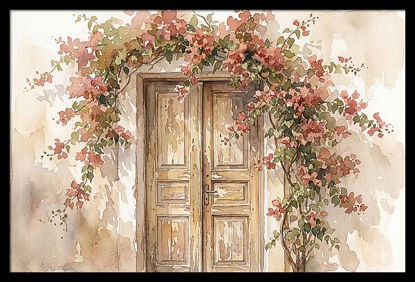 Old Wooden Door With Bougainvillea