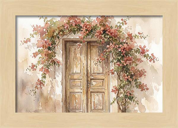 Old Wooden Door With Bougainvillea