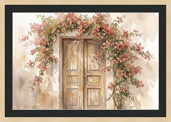 Old Wooden Door With Bougainvillea