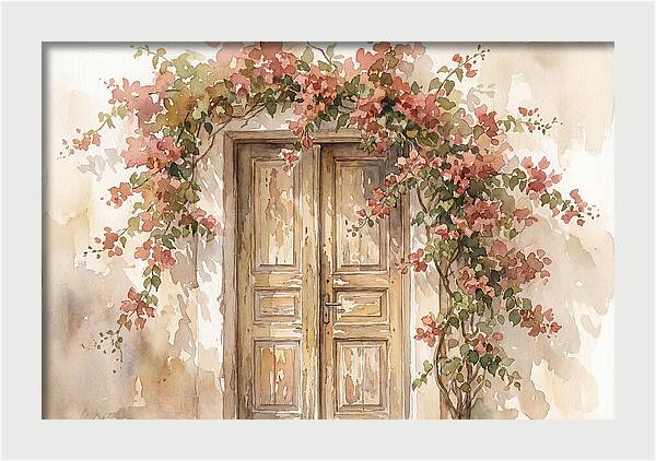 Old Wooden Door With Bougainvillea
