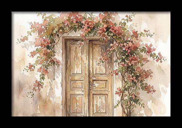 Old Wooden Door With Bougainvillea