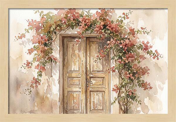 Old Wooden Door With Bougainvillea