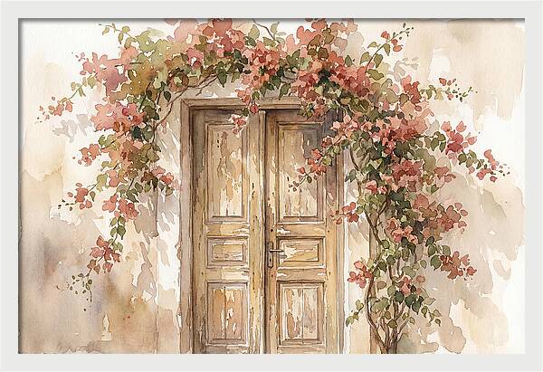 Old Wooden Door With Bougainvillea