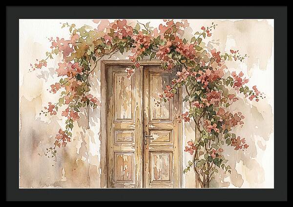 Old Wooden Door With Bougainvillea