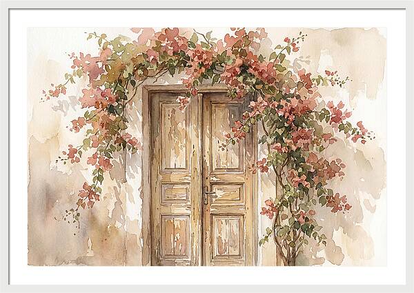 Old Wooden Door With Bougainvillea