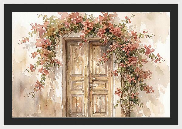 Old Wooden Door With Bougainvillea