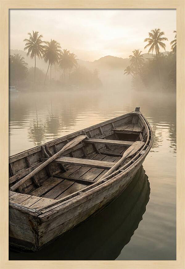 Old Wooden Dory Gliding Through Mist