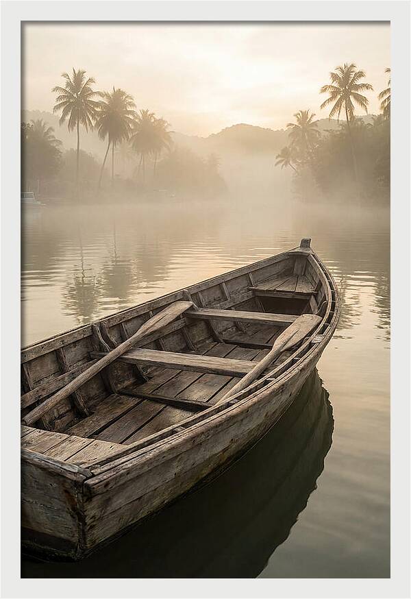 Old Wooden Dory Gliding Through Mist