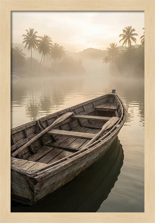 Old Wooden Dory Gliding Through Mist