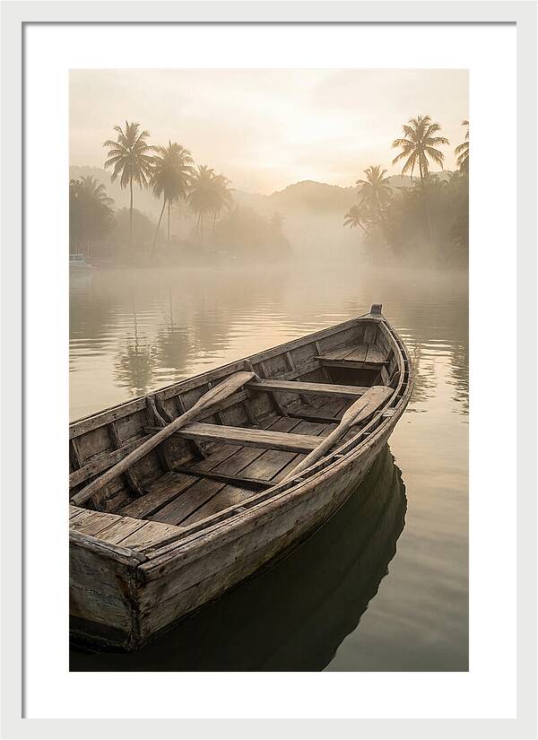 Old Wooden Dory Gliding Through Mist