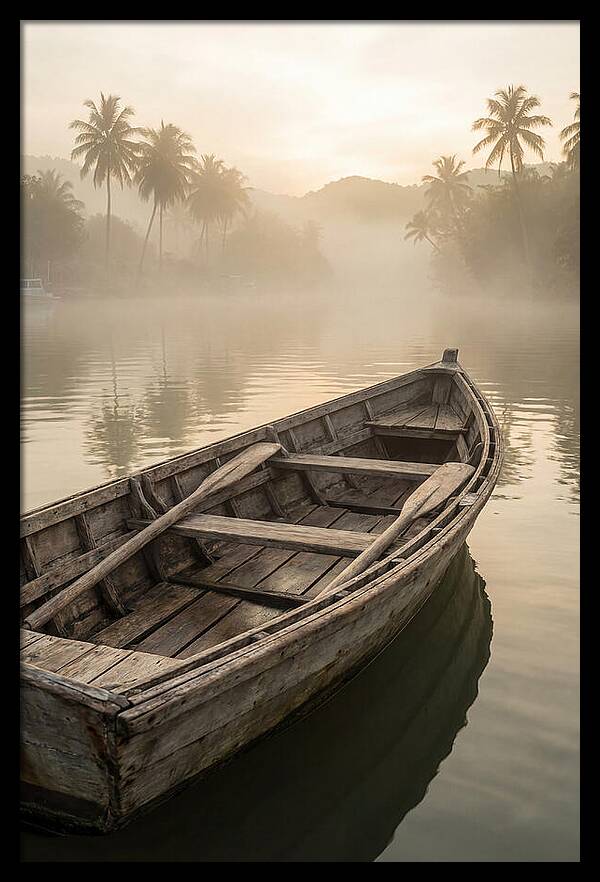 Old Wooden Dory Gliding Through Mist