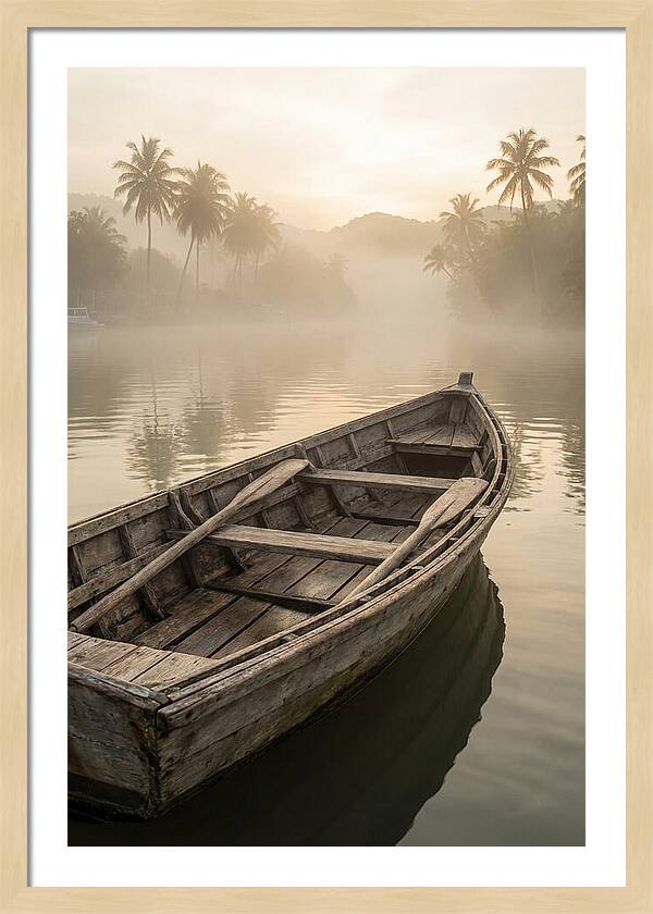 Old Wooden Dory Gliding Through Mist
