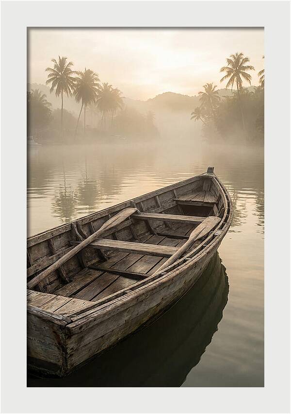 Old Wooden Dory Gliding Through Mist