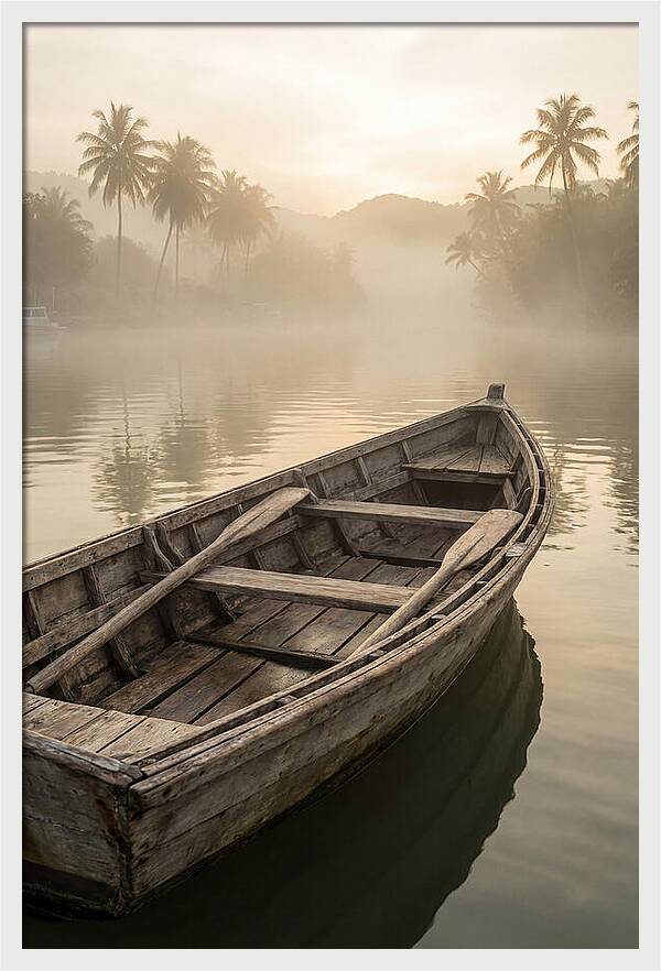 Old Wooden Dory Gliding Through Mist