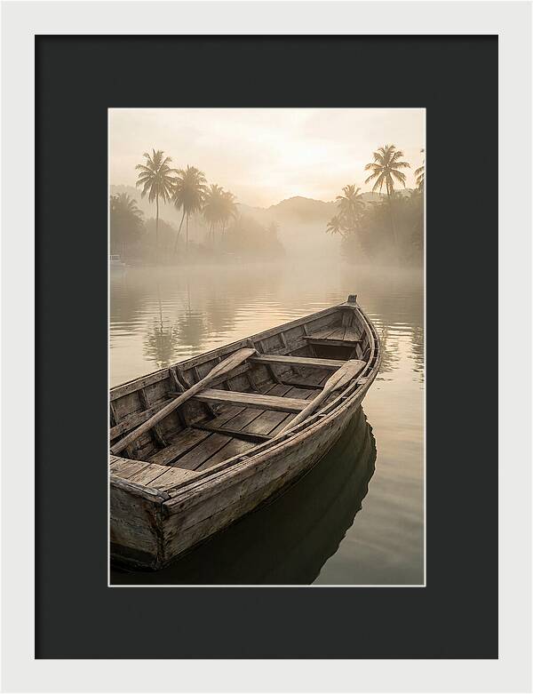 Old Wooden Dory Gliding Through Mist