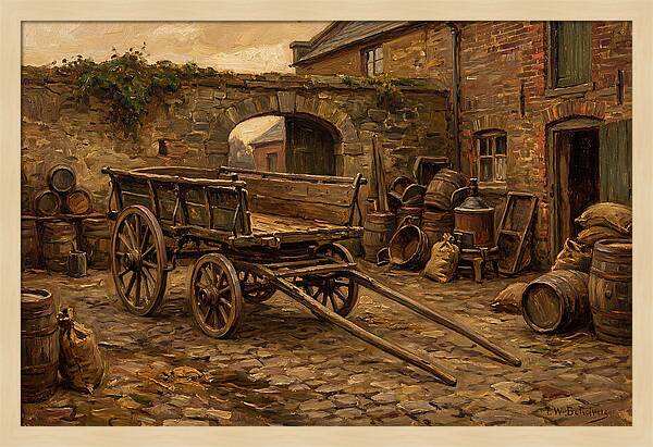 Old Wooden Dray Cart In Brewery Courtyard