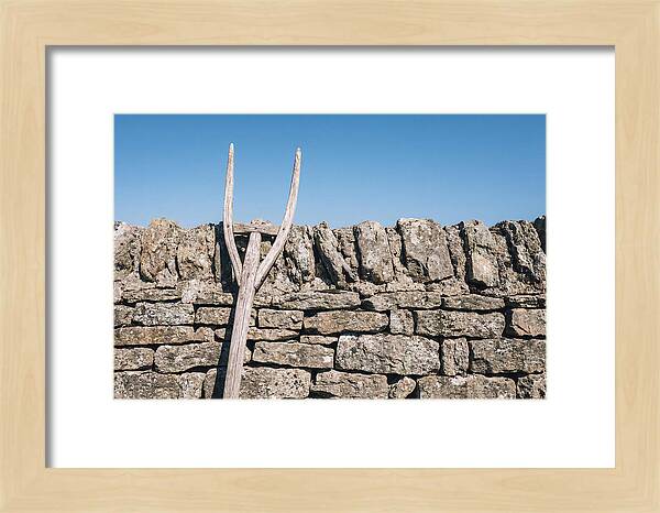 Old Wooden Hay Fork Against Stone Wall