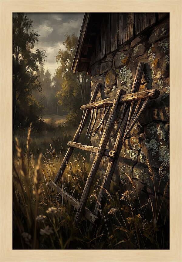 Old Wooden Hay Rake Against Stone